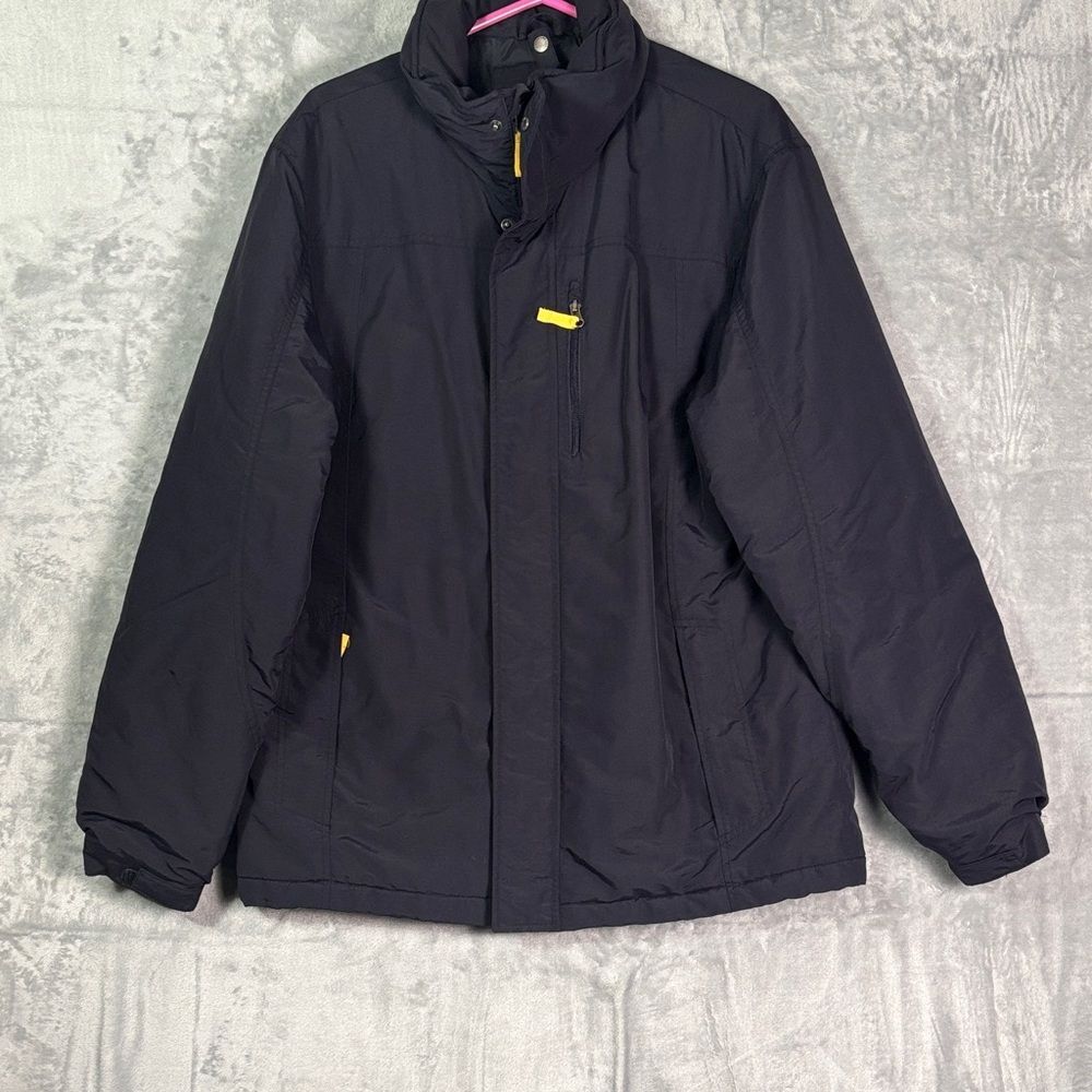 Lands End Navy Winter Jacket Mens Full Zip Collar Hood, zippered pockets Size M